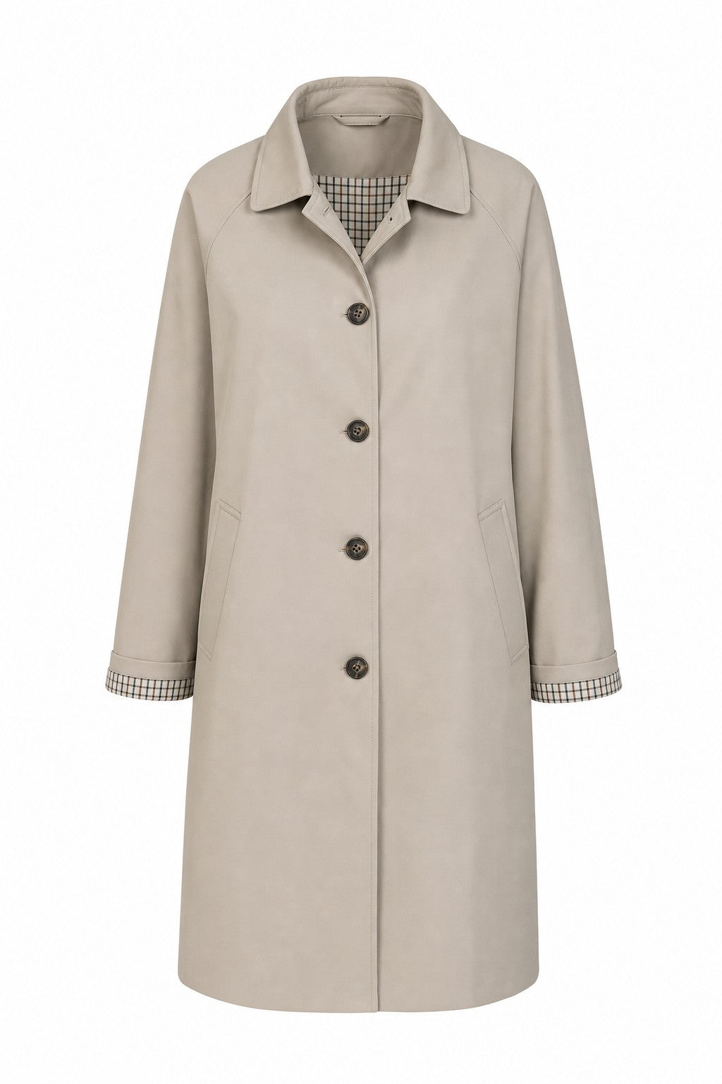 Trench de gabardina en beige con cuello de vichy en color Beige – frontal invisible