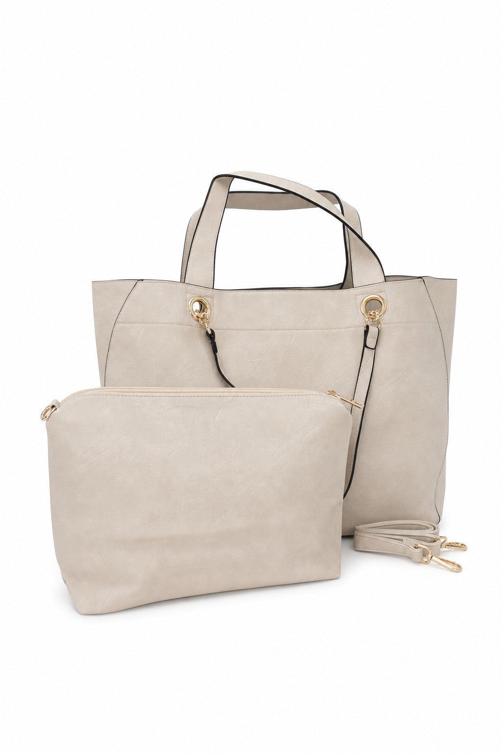 Bolso shopper con cadena dorada y neceser a juego en beige