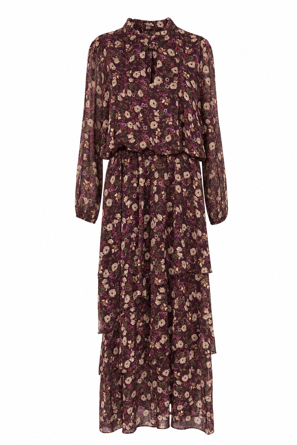 Vestido midi de gasa floral con lazada al cuello en color Borgoña – frontal invisible