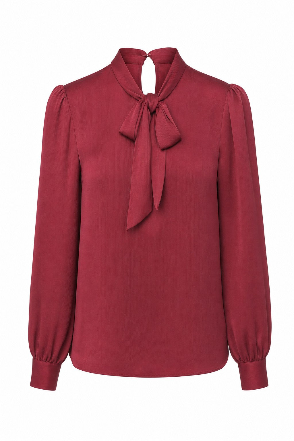 Blusa de satén con cuello lazada en burdeos en color Burdeos – frontal invisible