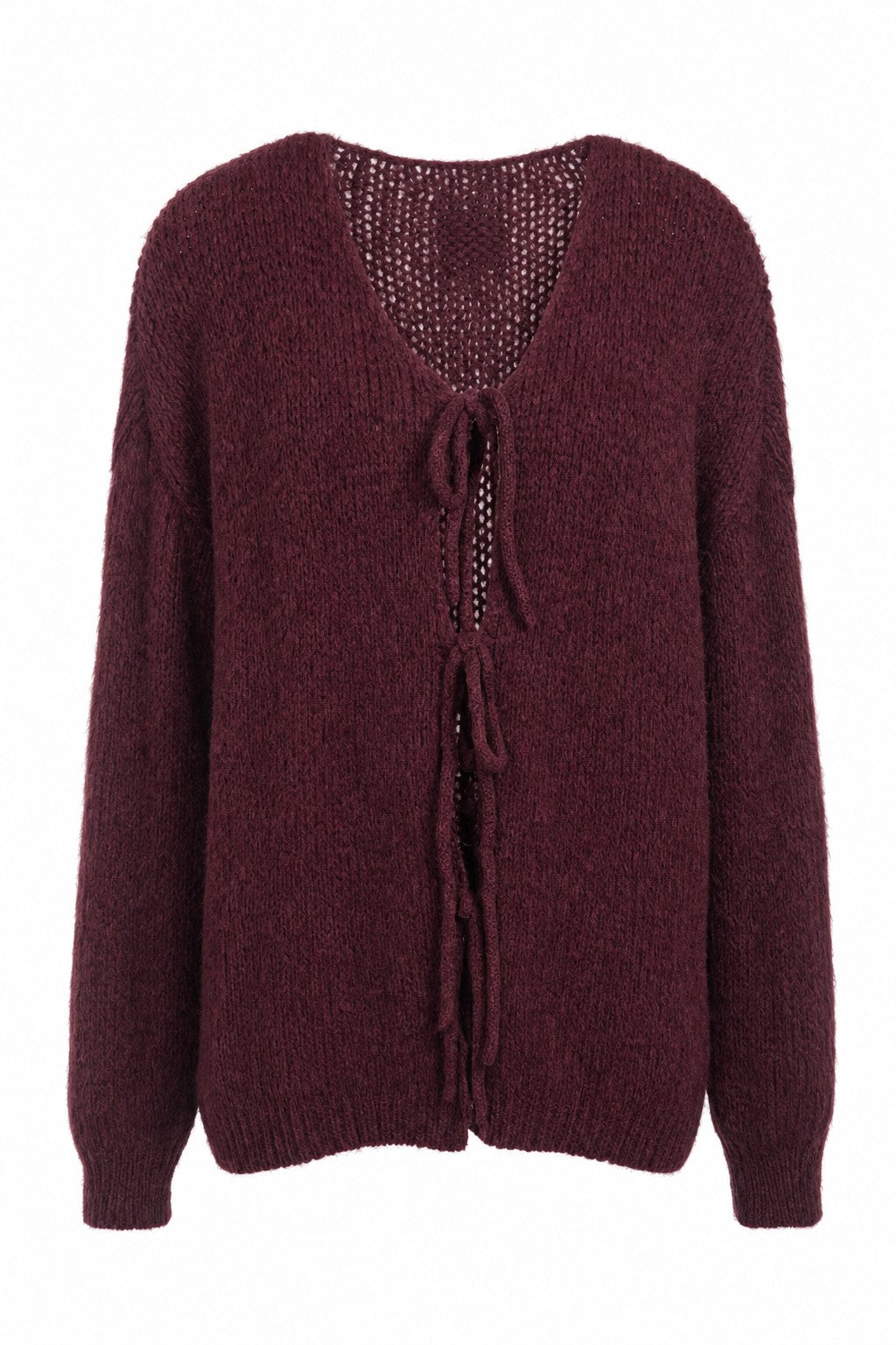 Chaqueta de punto calado con lazos en color Burdeos – frontal invisible