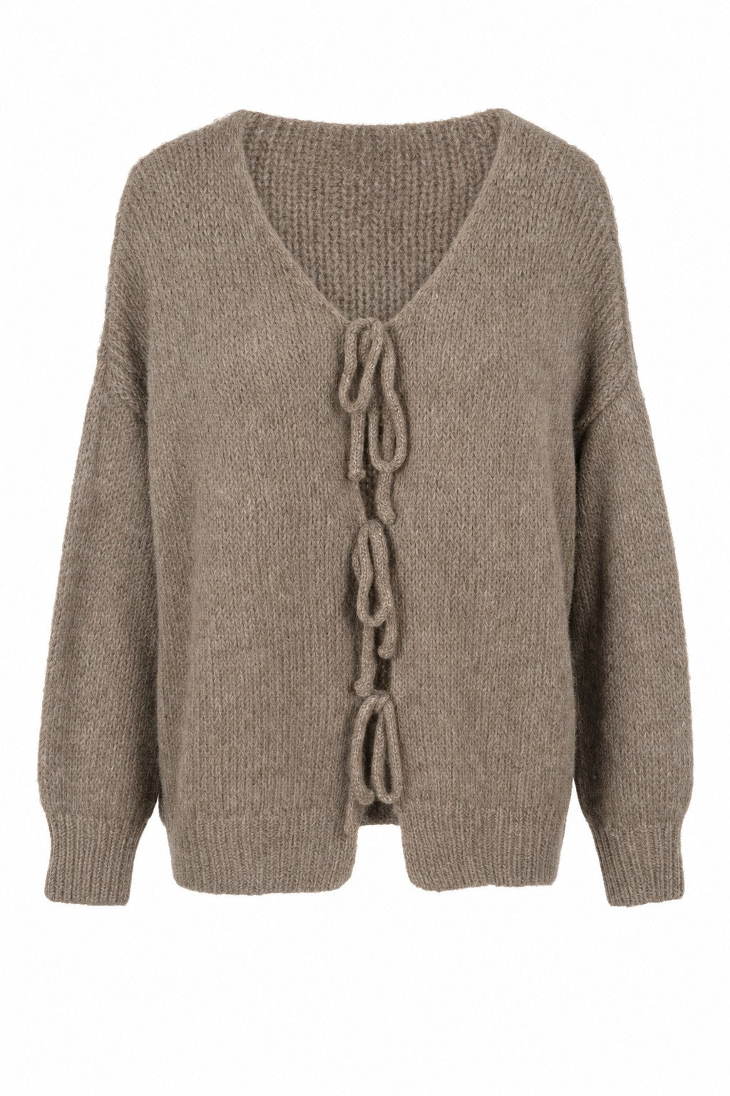 Chaqueta de punto calado con lazos en color Camel – frontal invisible