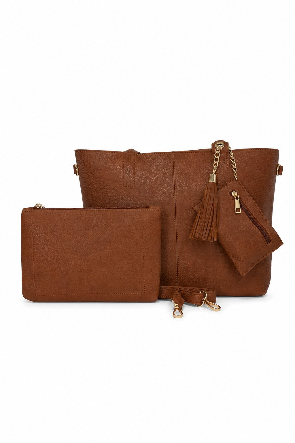 Bolso shopper con borla, neceser y monedero en color Camel – producto