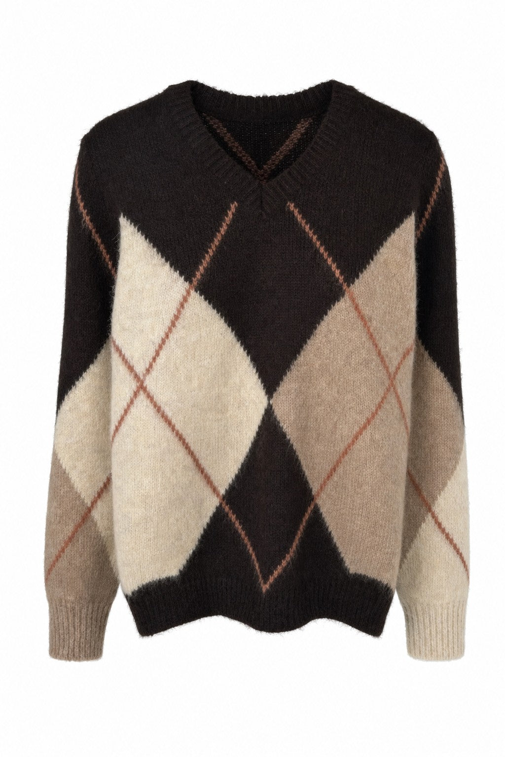 Jersey de rombos argyle de punto con cuello pico en color Chocolate y crudo – frontal invisible