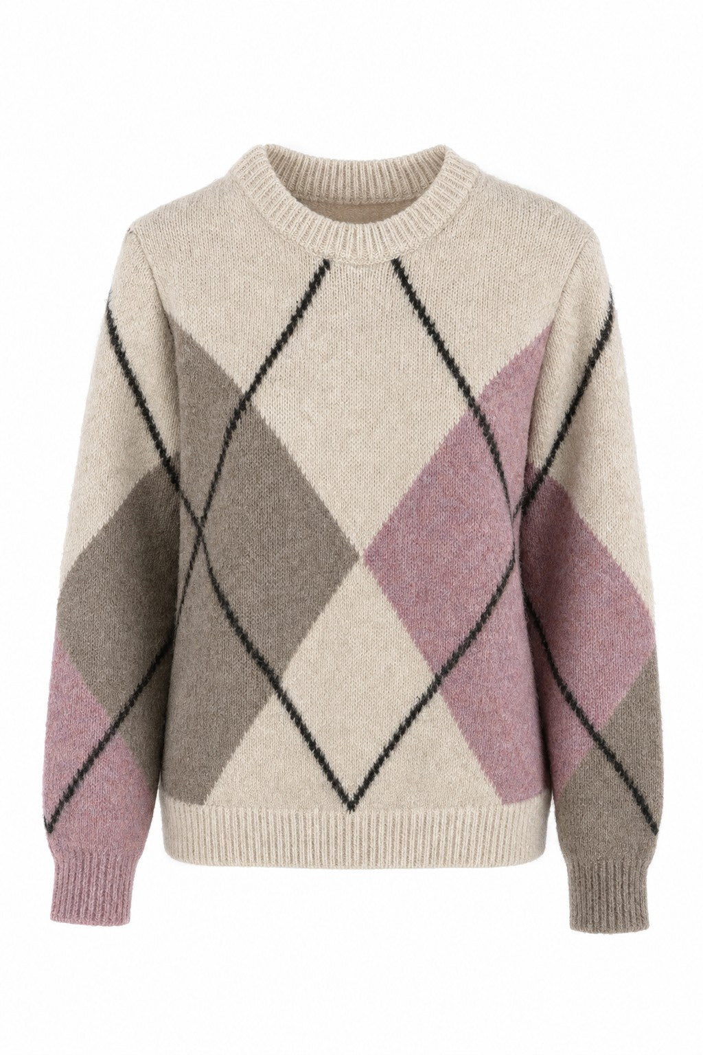 Jersey de rombos argyle de punto con cuello pico en color Crudo y rosa – frontal invisible