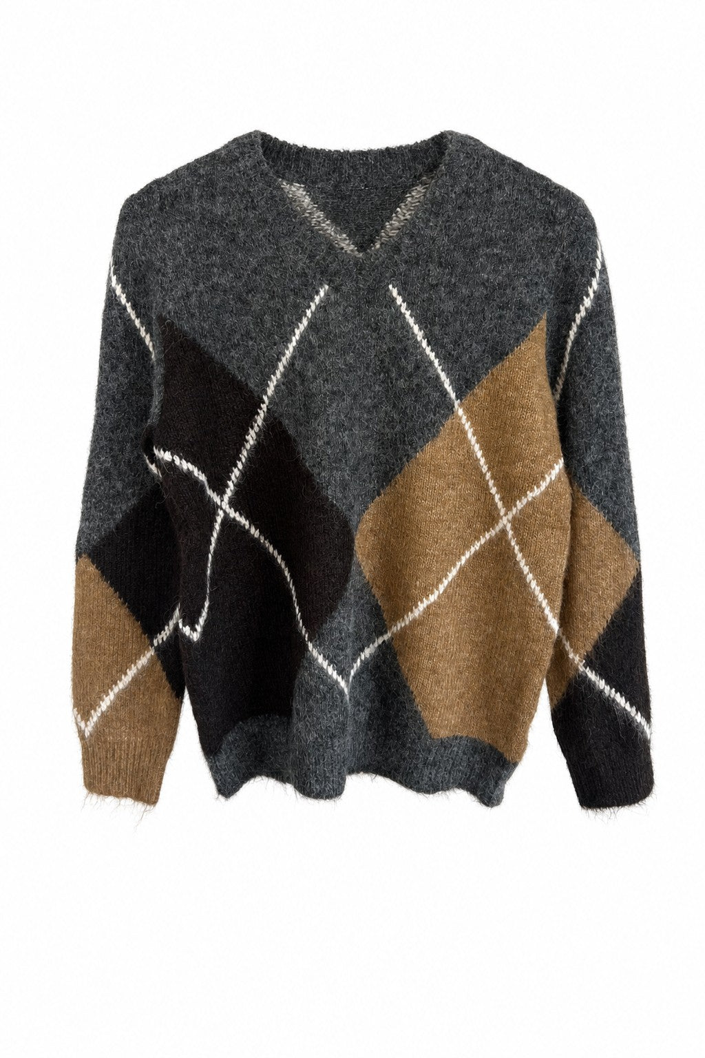 Jersey de rombos argyle de punto con cuello pico en color Gris y camel – frontal invisible