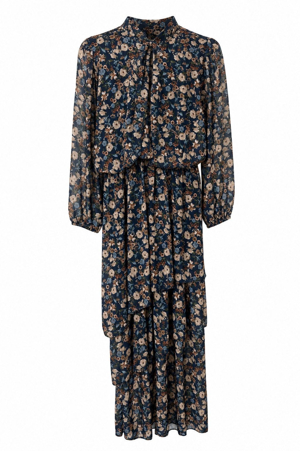Vestido midi de gasa floral con lazada al cuello en color Marino – frontal invisible