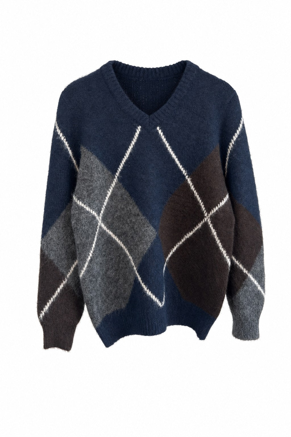 Jersey de rombos argyle de punto con cuello pico en color Marino – frontal invisible