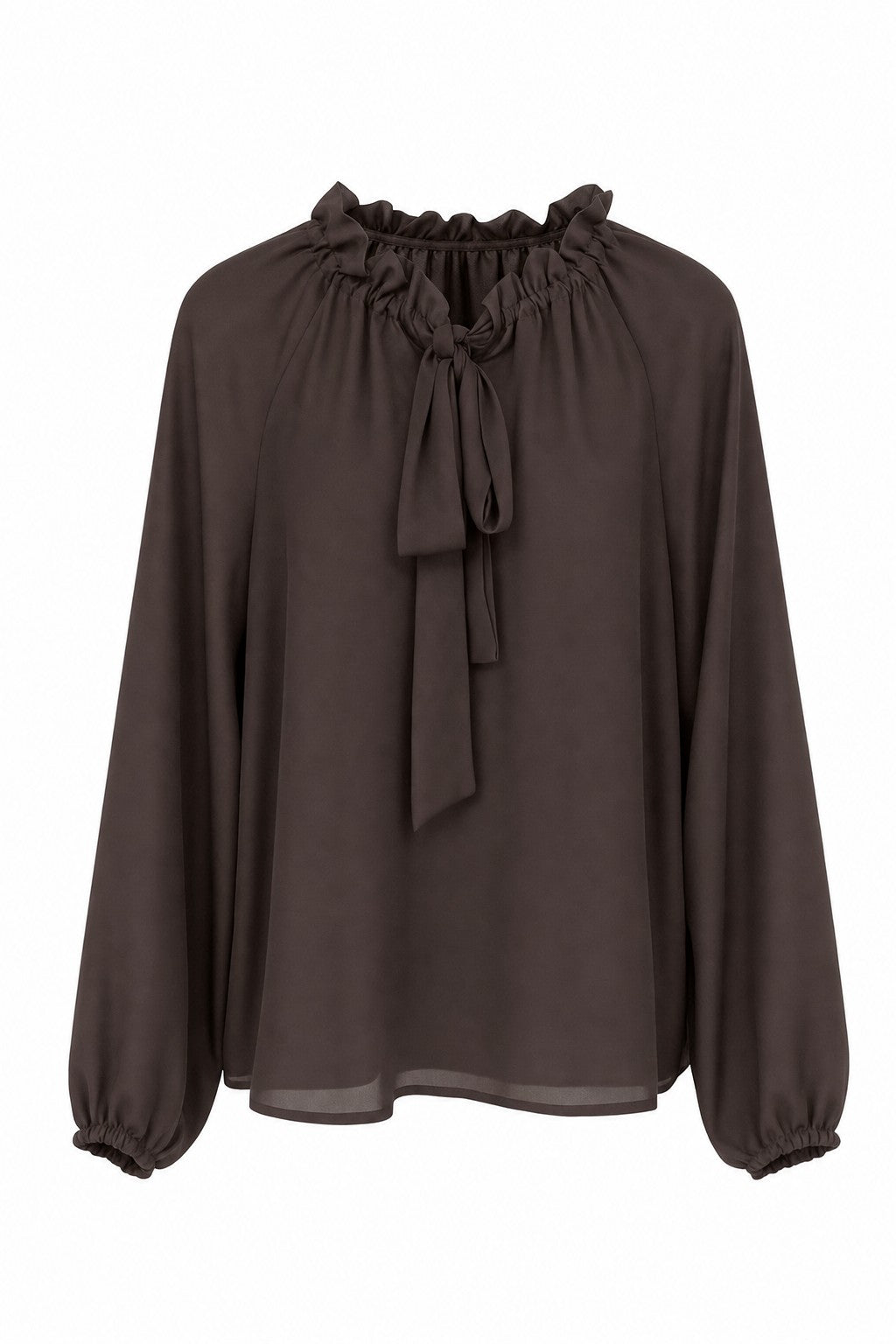 Blusa de cuello fruncido con lazada en color Marrón oscuro – frontal invisible