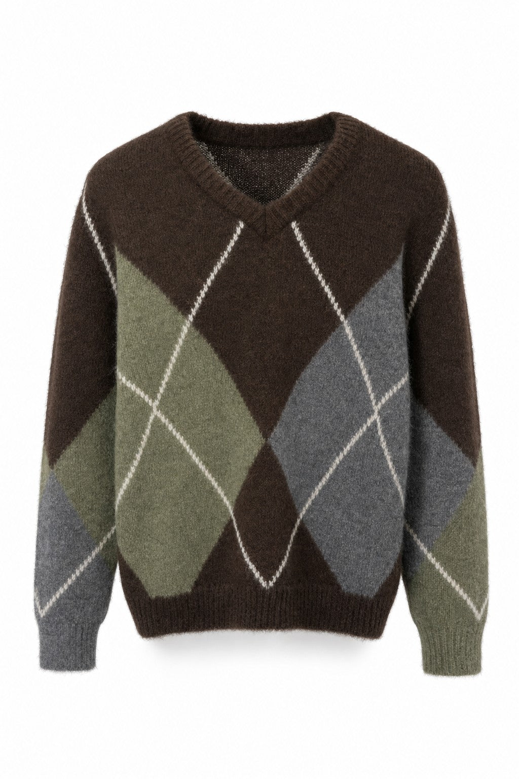 Jersey de rombos argyle de punto con cuello pico en color Marrón, verde y gris – frontal invisible