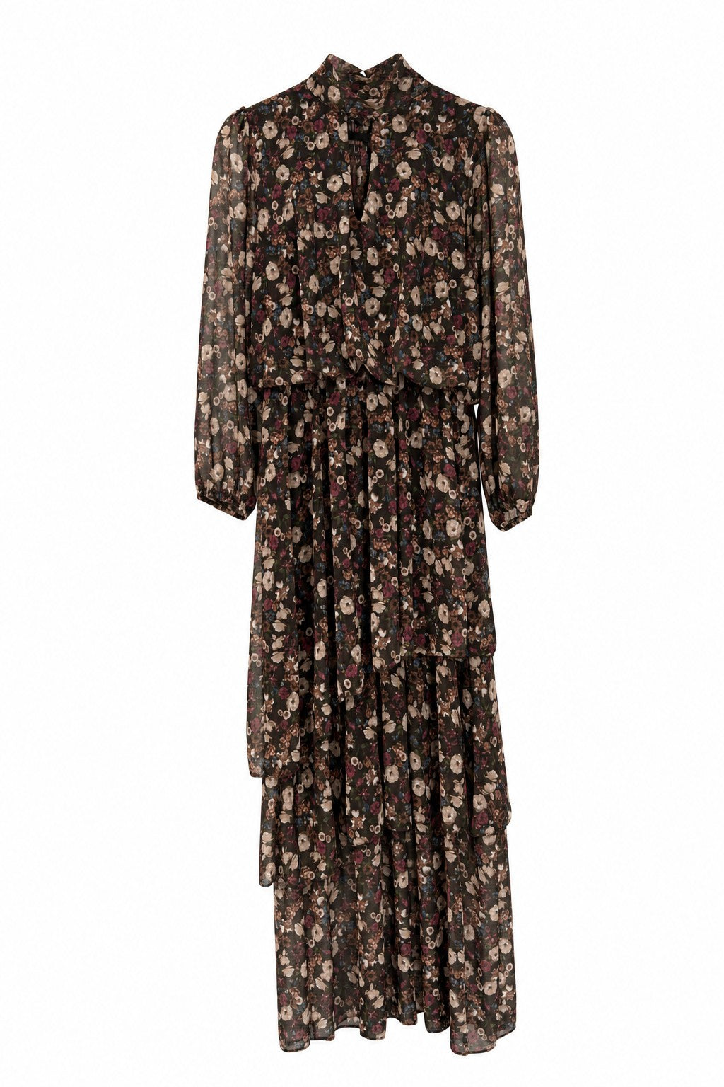 Vestido midi de gasa floral con lazada al cuello en color Marrón – frontal invisible