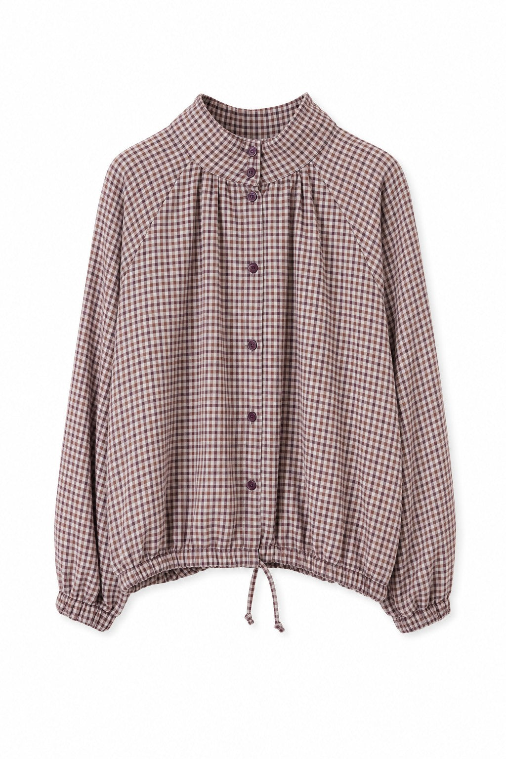 Camisa de cuadros vichy con cuello alto y cordón en color Mauve – frontal invisible