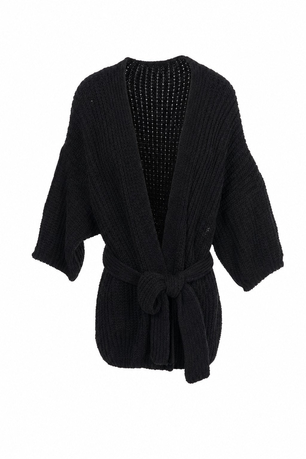 Chaqueta de punto calado con cinturón en negro en color Negro – frontal invisible