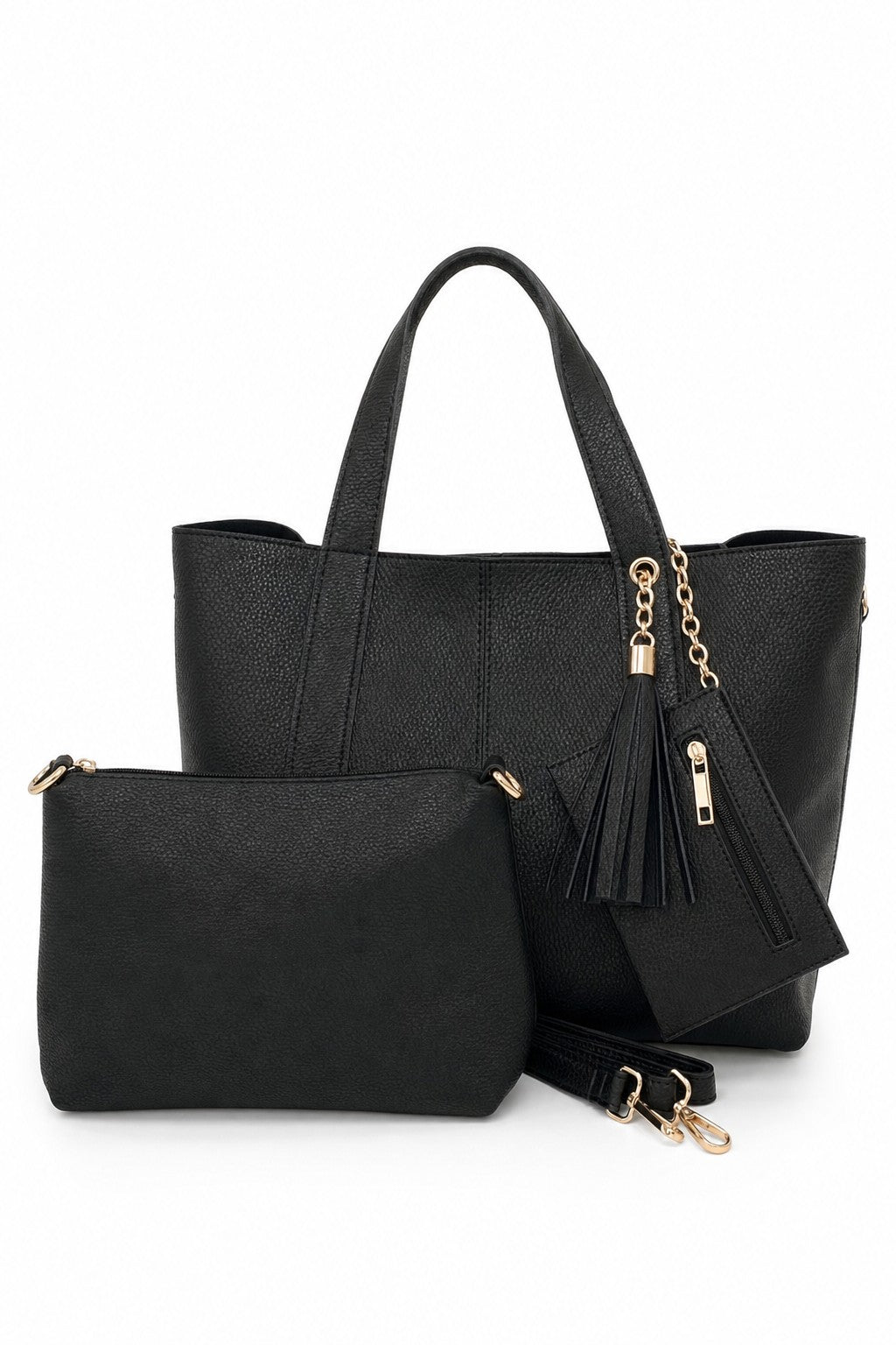 Bolso shopper con borla, neceser y monedero en color Negro – producto