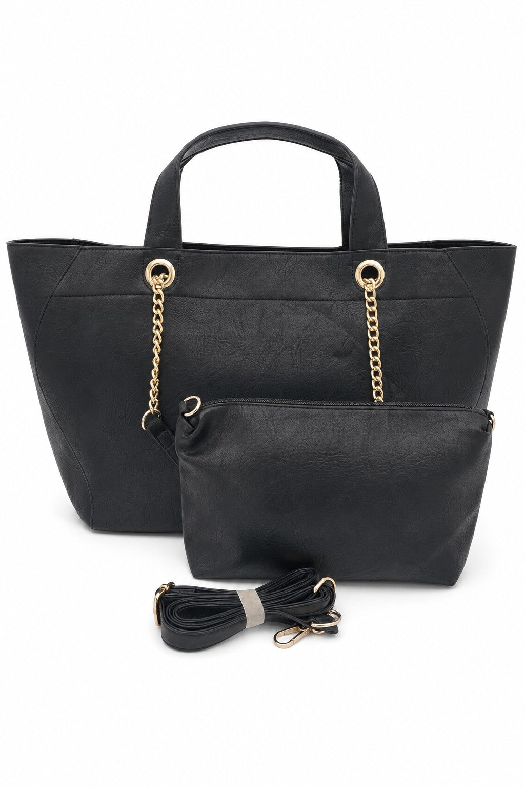 Bolso shopper con cadena dorada y neceser a juego en negro