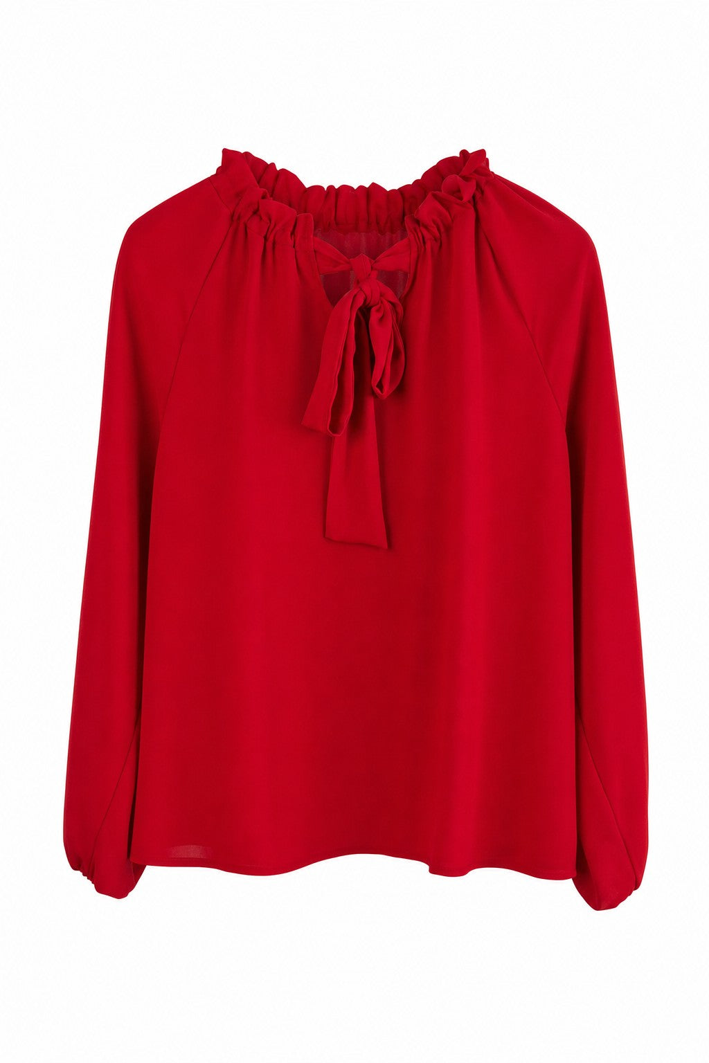 Blusa de cuello fruncido con lazada en color Rojo – frontal invisible