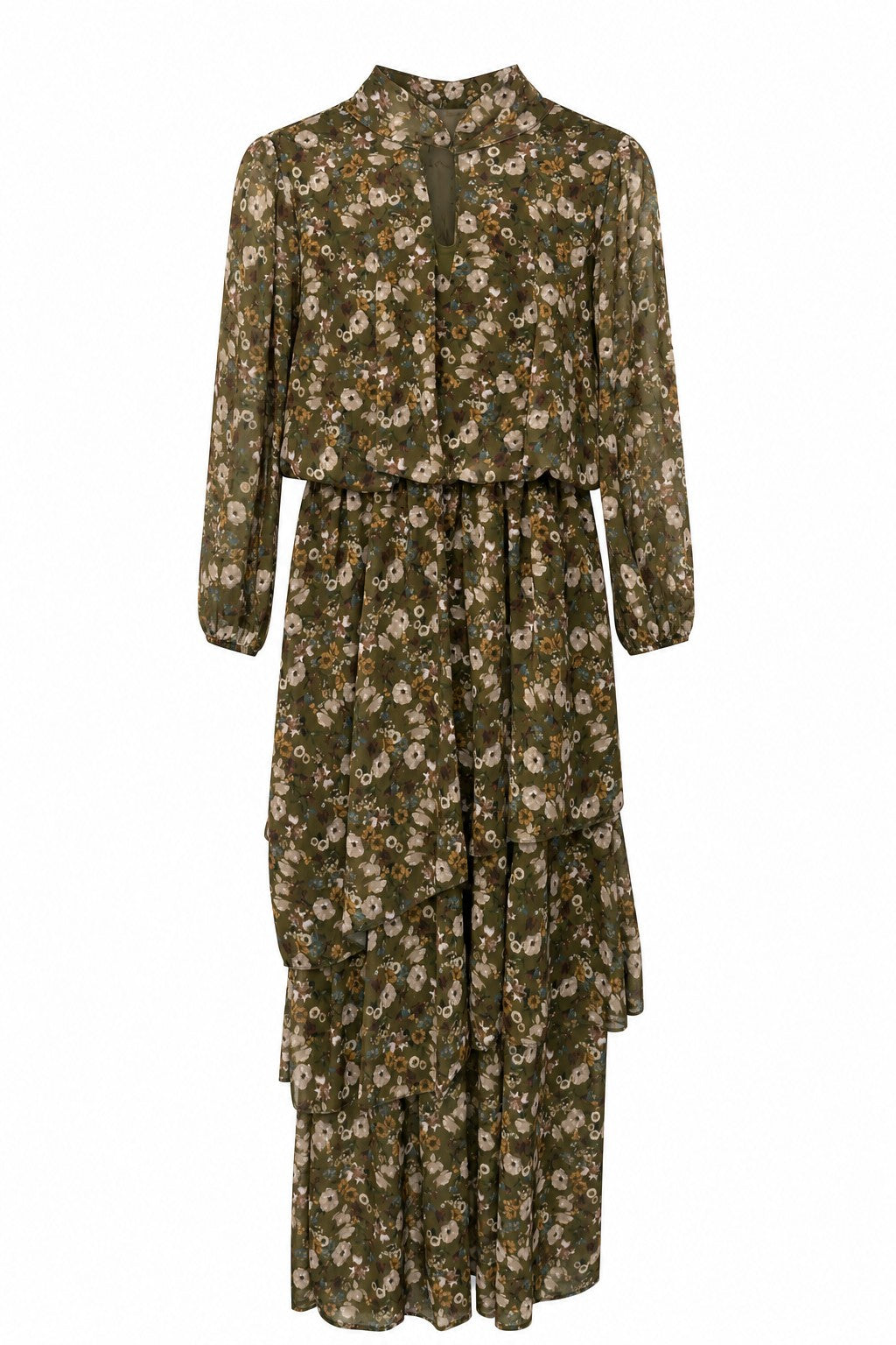 Vestido midi de gasa floral con lazada al cuello en color Verde oliva – frontal invisible